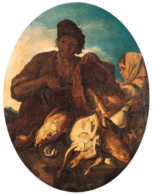 Un pescatore con cesto di pesci e una contadina